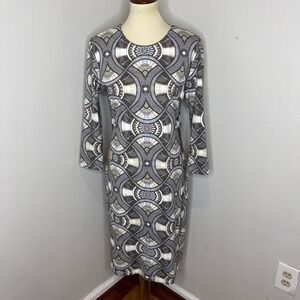 J Mclaughlin Devon Midi Sheath Dress 3/4 Sleeve Tan Chocolate Print Size Medium‎